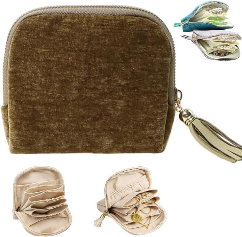 SEPSUMMER Travel Jewelry Case, Small High-End Large-Capacity Tassel Storage Bag Gifts for Women, Pouch Bags with Zipper, Velvet Jewelry Organizer Storage Bag for Bracelet Rings Earring (Matcha) - Image 1